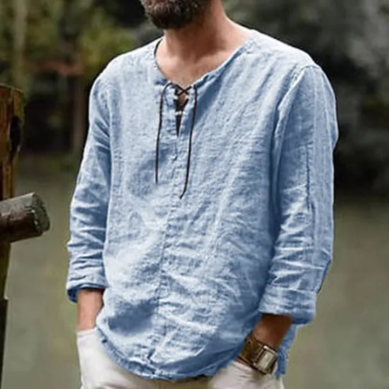Sale OUKU Men's Linen Shirt Renaissance Festival Viking Style Summer Shirt Beach Wear Maroon Black White Pink Long Sleeve Solid Color Collarless Outdoor Street Clothing Apparel