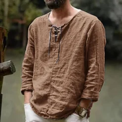 Sale OUKU Men's Linen Shirt Renaissance Festival Viking Style Summer Shirt Beach Wear Maroon Black White Pink Long Sleeve Solid Color Collarless Outdoor Street Clothing Apparel