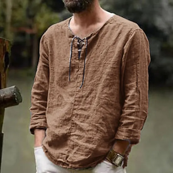 Sale OUKU Men's Linen Shirt Renaissance Festival Viking Style Summer Shirt Beach Wear Maroon Black White Pink Long Sleeve Solid Color Collarless Outdoor Street Clothing Apparel
