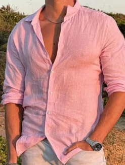 Clearance OUKU Men's Linen Shirt Solid Color Turndown Street Casual Button-Down Long Sleeve Tops Casual Fashion Breathable Comfortable Pink