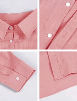 Clearance OUKU Men's Linen Shirt Solid Color Turndown Street Casual Button-Down Long Sleeve Tops Casual Fashion Breathable Comfortable Pink