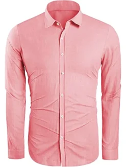 Clearance OUKU Men's Linen Shirt Solid Color Turndown Street Casual Button-Down Long Sleeve Tops Casual Fashion Breathable Comfortable Pink