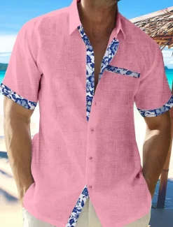 Discount OUKU Men's Linen Shirt Summer Shirt Casual Shirt Beach Shirt Plain Hawaiian Holiday Black White Pink Dark Navy Short Sleeve Lapel Spring & Summer Clothing Apparel Front Pocket