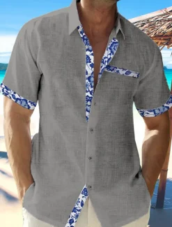 Discount OUKU Men's Linen Shirt Summer Shirt Casual Shirt Beach Shirt Plain Hawaiian Holiday Black White Pink Dark Navy Short Sleeve Lapel Spring & Summer Clothing Apparel Front Pocket