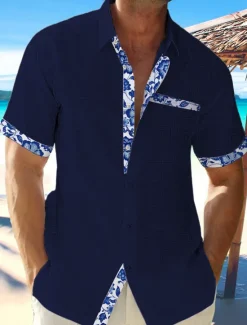 Discount OUKU Men's Linen Shirt Summer Shirt Casual Shirt Beach Shirt Plain Hawaiian Holiday Black White Pink Dark Navy Short Sleeve Lapel Spring & Summer Clothing Apparel Front Pocket