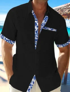 Discount OUKU Men's Linen Shirt Summer Shirt Casual Shirt Beach Shirt Plain Hawaiian Holiday Black White Pink Dark Navy Short Sleeve Lapel Spring & Summer Clothing Apparel Front Pocket