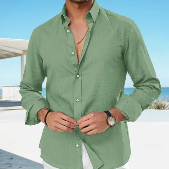 Best OUKU Men's Linen Shirt Summer Shirt Beach Wear Casual Shirt Button Up Shirt Plain Vacation Curise Black White Pink Royal Blue Long Sleeve Lapel Spring & Summer Clothing Apparel