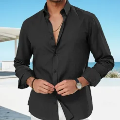 Best OUKU Men's Linen Shirt Summer Shirt Beach Wear Casual Shirt Button Up Shirt Plain Vacation Curise Black White Pink Royal Blue Long Sleeve Lapel Spring & Summer Clothing Apparel