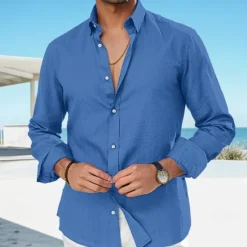 Best OUKU Men's Linen Shirt Summer Shirt Beach Wear Casual Shirt Button Up Shirt Plain Vacation Curise Black White Pink Royal Blue Long Sleeve Lapel Spring & Summer Clothing Apparel