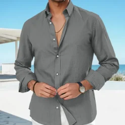 Best OUKU Men's Linen Shirt Summer Shirt Beach Wear Casual Shirt Button Up Shirt Plain Vacation Curise Black White Pink Royal Blue Long Sleeve Lapel Spring & Summer Clothing Apparel