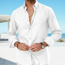 Best OUKU Men's Linen Shirt Summer Shirt Beach Wear Casual Shirt Button Up Shirt Plain Vacation Curise Black White Pink Royal Blue Long Sleeve Lapel Spring & Summer Clothing Apparel