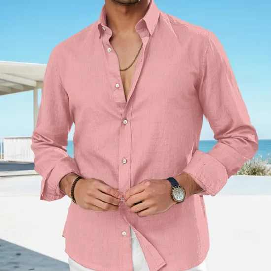 Best OUKU Men's Linen Shirt Summer Shirt Beach Wear Casual Shirt Button Up Shirt Plain Vacation Curise Black White Pink Royal Blue Long Sleeve Lapel Spring & Summer Clothing Apparel