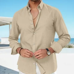 Best OUKU Men's Linen Shirt Summer Shirt Beach Wear Casual Shirt Button Up Shirt Plain Vacation Curise Black White Pink Royal Blue Long Sleeve Lapel Spring & Summer Clothing Apparel