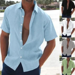 Best OUKU Men's Linen Shirt Summer Shirt Beach Wear Button Up Shirt Solid Color Vacation Curise Black White Pink Blue Short Sleeve Turndown Summer Clothing Apparel Button-Down