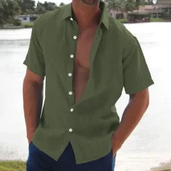 Best OUKU Men's Linen Shirt Summer Shirt Beach Wear Button Up Shirt Solid Color Vacation Curise Black White Pink Blue Short Sleeve Turndown Summer Clothing Apparel Button-Down