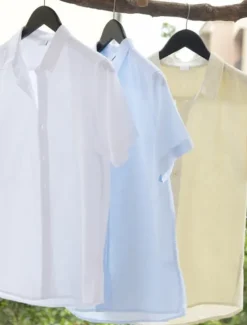 New OUKU Men's Linen Shirt Summer Shirt Beach Wear Button Up Shirt Plain Casual Daily White Blue Short Sleeve Lapel Summer Clothing Apparel Button-Down
