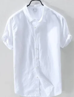 New OUKU Men's Linen Shirt Summer Shirt Beach Wear Button Up Shirt Plain Casual Daily White Blue Short Sleeve Lapel Summer Clothing Apparel Button-Down