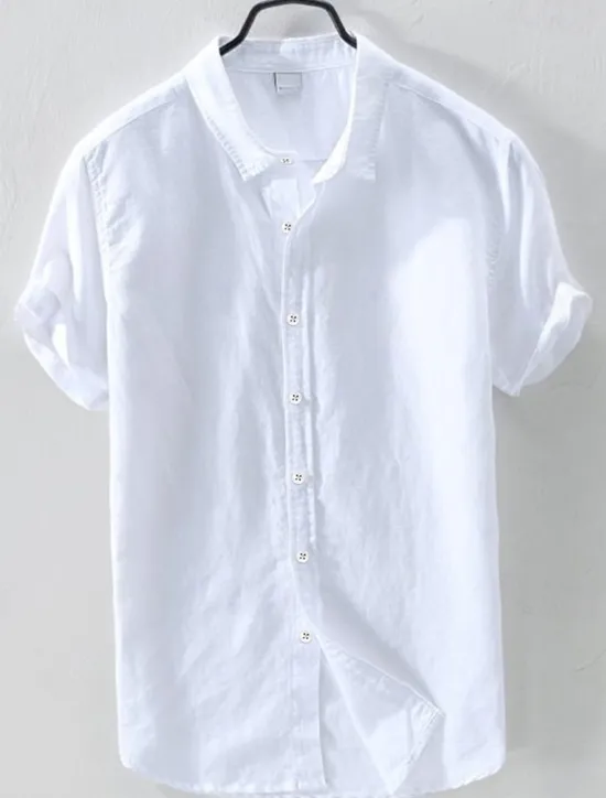 New OUKU Men's Linen Shirt Summer Shirt Beach Wear Button Up Shirt Plain Casual Daily White Blue Short Sleeve Lapel Summer Clothing Apparel Button-Down