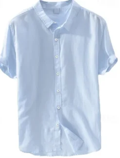 New OUKU Men's Linen Shirt Summer Shirt Beach Wear Button Up Shirt Plain Casual Daily White Blue Short Sleeve Lapel Summer Clothing Apparel Button-Down