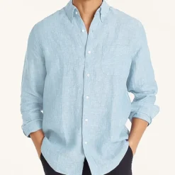 Outlet OUKU Men's Linen Shirt Summer Shirt Casual Shirt White Pink Sky Blue Long Sleeve Plain Tab Collar Spring & Summer Casual Daily Clothing Apparel