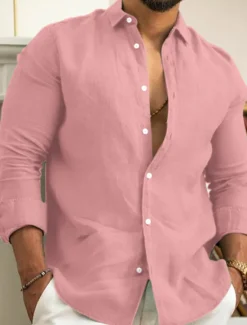 New OUKU Men's Linen Shirt Summer Shirt Beach Wear Casual Shirt Button Up Shirt Plain Casual Daily Black White Pink Navy Blue Long Sleeve Lapel Spring & Summer Clothing Apparel