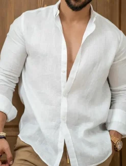 New OUKU Men's Linen Shirt Summer Shirt Beach Wear Casual Shirt Button Up Shirt Plain Casual Daily Black White Pink Navy Blue Long Sleeve Lapel Spring & Summer Clothing Apparel