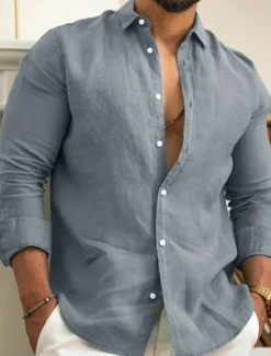 New OUKU Men's Linen Shirt Summer Shirt Beach Wear Casual Shirt Button Up Shirt Plain Casual Daily Black White Pink Navy Blue Long Sleeve Lapel Spring & Summer Clothing Apparel