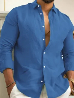 New OUKU Men's Linen Shirt Summer Shirt Beach Wear Casual Shirt Button Up Shirt Plain Casual Daily Black White Pink Navy Blue Long Sleeve Lapel Spring & Summer Clothing Apparel