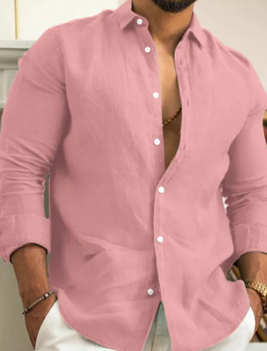 Clearance OUKU Men's Linen Shirt Summer Shirt Beach Wear Casual Shirt Button Up Shirt Untucked Shirts Plain Vacation Casual Black White Pink Navy Blue Long Sleeve Lapel Spring & Summer Clothing Apparel