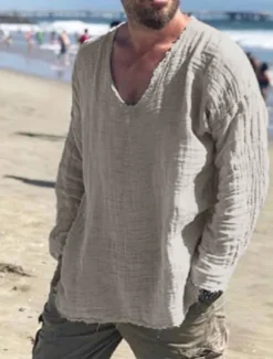 New OUKU Men's Linen Shirt Summer Shirt Beach Wear Casual Shirt Solid Color Outdoor Street Wine Light Grey Gray Long Sleeve V Neck Spring & Fall Clothing Apparel