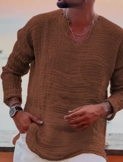 New OUKU Men's Linen Shirt Summer Shirt Beach Wear Casual Shirt Solid Color Outdoor Street Wine Light Grey Gray Long Sleeve V Neck Spring & Fall Clothing Apparel