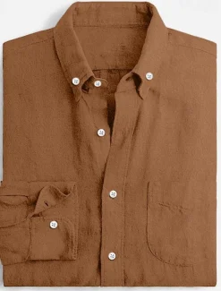 Best OUKU Men's Linen Shirt Summer Shirt Casual Shirt Plain Vacation Casual White Pink Sky Blue Brown Long Sleeve Tab Collar Spring & Summer Clothing Apparel