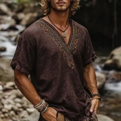 Hot OUKU Men's Linen Shirt Summer Shirt Vintage Shirt Short Sleeve Shirt Ethnic Shirt Patchwork Vacation Street Short Sleeve V Neck Summer Clothing Apparel Ethnic Coffee