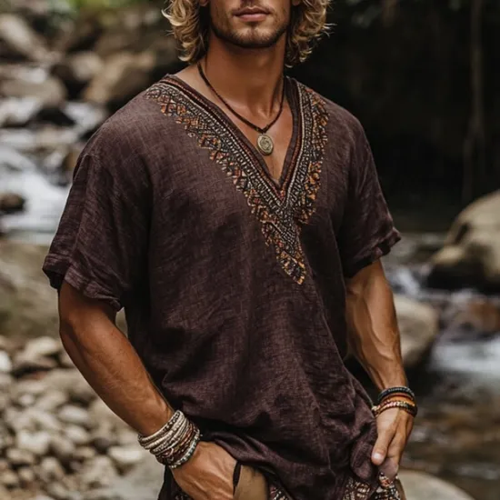 Hot OUKU Men's Linen Shirt Summer Shirt Vintage Shirt Short Sleeve Shirt Ethnic Shirt Patchwork Vacation Street Short Sleeve V Neck Summer Clothing Apparel Ethnic Coffee