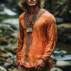 Discount OUKU Men's Linen Shirt Summer Shirt Vintage Shirt Ethnic Shirt Long Sleeve Shirt Boho Vacation Street Long Sleeve V Neck Summer Spring Clothing Apparel Ethnic Orange