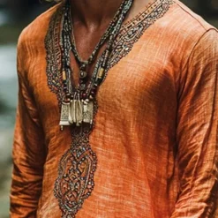 Discount OUKU Men's Linen Shirt Summer Shirt Vintage Shirt Ethnic Shirt Long Sleeve Shirt Boho Vacation Street Long Sleeve V Neck Summer Spring Clothing Apparel Ethnic Orange