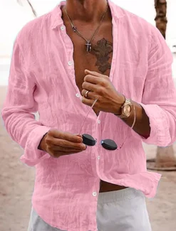 OUKU Men's Linen Shirt Summer Shirt Casual Shirt Beach Shirt Plain Hawaiian Holiday Black White Pink Navy Blue Long Sleeve Lapel Spring & Summer Clothing Apparel Basic