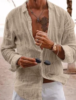 OUKU Men's Linen Shirt Summer Shirt Casual Shirt Beach Shirt Plain Hawaiian Holiday Black White Pink Navy Blue Long Sleeve Lapel Spring & Summer Clothing Apparel Basic