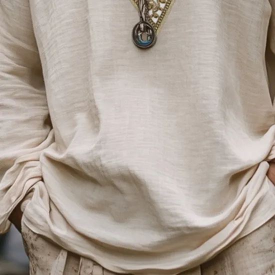 Hot OUKU Men's Linen Shirt Summer Shirt Vintage Shirt Ethnic Shirt Long Sleeve Shirt Patchwork Vacation Street Long Sleeve V Neck Summer Spring Clothing Apparel Ethnic khaki