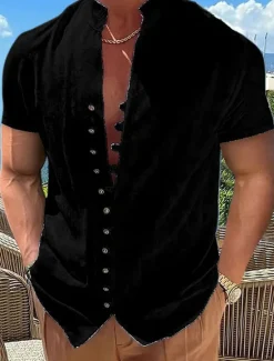 Hot OUKU Men's Linen Shirt Summer Shirt Beach Wear Button Up Shirt Plain Vacation Curise Black White Pink Blue Short Sleeve Stand Collar Spring & Summer Clothing Apparel Basic