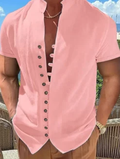 Hot OUKU Men's Linen Shirt Summer Shirt Beach Wear Button Up Shirt Plain Vacation Curise Black White Pink Blue Short Sleeve Stand Collar Spring & Summer Clothing Apparel Basic