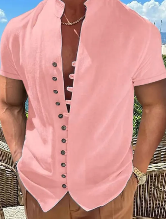 Hot OUKU Men's Linen Shirt Summer Shirt Beach Wear Button Up Shirt Plain Vacation Curise Black White Pink Blue Short Sleeve Stand Collar Spring & Summer Clothing Apparel Basic