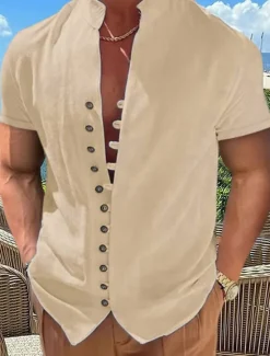 Hot OUKU Men's Linen Shirt Summer Shirt Beach Wear Button Up Shirt Plain Vacation Curise Black White Pink Blue Short Sleeve Stand Collar Spring & Summer Clothing Apparel Basic