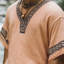 Best OUKU Men's Linen Shirt Summer Shirt Vintage Shirt Short Sleeve Shirt Ethnic Shirt Patchwork Vacation Street Short Sleeve V Neck Summer Clothing Apparel Ethnic Khaki