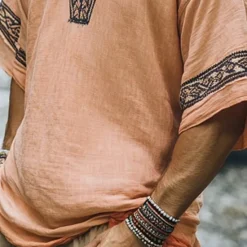 Best OUKU Men's Linen Shirt Summer Shirt Vintage Shirt Short Sleeve Shirt Ethnic Shirt Patchwork Vacation Street Short Sleeve V Neck Summer Clothing Apparel Ethnic Khaki