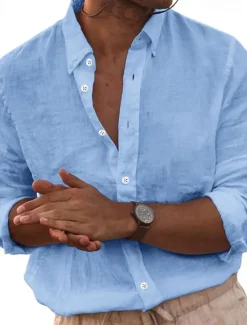 Hot OUKU Men's Linen Shirt Summer Shirt Beach Wear Button Up Shirt Plain Casual Daily White Sky Blue Beige Gray Long Sleeve Button Down Collar Spring & Fall Clothing Apparel Pocket