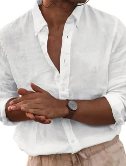 Hot OUKU Men's Linen Shirt Summer Shirt Beach Wear Button Up Shirt Plain Casual Daily White Sky Blue Beige Gray Long Sleeve Button Down Collar Spring & Fall Clothing Apparel Pocket