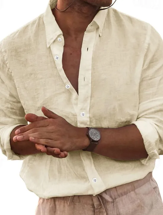 Hot OUKU Men's Linen Shirt Summer Shirt Beach Wear Button Up Shirt Plain Casual Daily White Sky Blue Beige Gray Long Sleeve Button Down Collar Spring & Fall Clothing Apparel Pocket