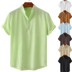 Outlet OUKU Men's Linen Shirt Summer Shirt Beach Shirt Black White Brown Short Sleeve Plain Standing Collar Summer Casual Holiday Clothing Apparel