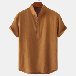 Outlet OUKU Men's Linen Shirt Summer Shirt Beach Shirt Black White Brown Short Sleeve Plain Standing Collar Summer Casual Holiday Clothing Apparel